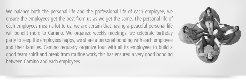 We balance both the personal life and the professional life of each employee, we ensure the employees get the best from us as we get the same. The personal life of each employees mean a lot to us, we are certain that having a peaceful personal life will benefit more to CAMINO. We organize weekly meetings, we celebrate birthday party to keep the employees happy, we share a personal bonding with each employee and their families. CAMINO regularly organize tour with all its employees to build a good team spirit and break from routine work, this has ensured a very good bonding between CAMINO and each employees.